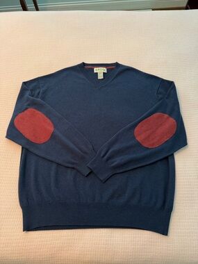 Men's Dark Blue Cotton Sweater with Rust Elbow Patch